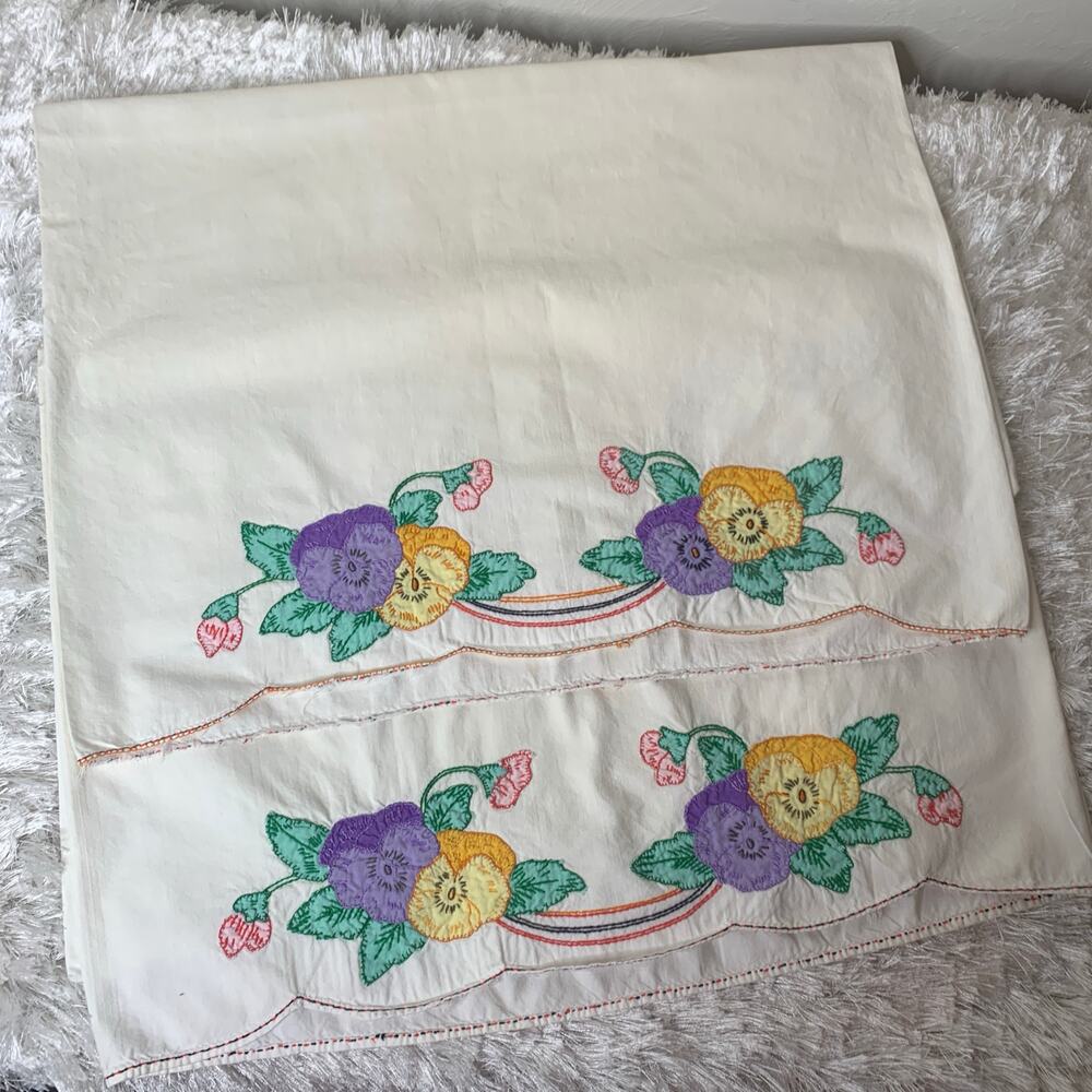 Vintage Applique Handmade Queen Size Pillow Cases Set of Two Pansies